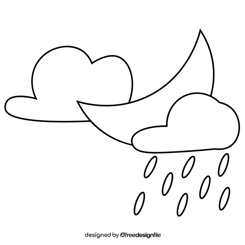 Cartoon moon with rain clouds black and white clipart