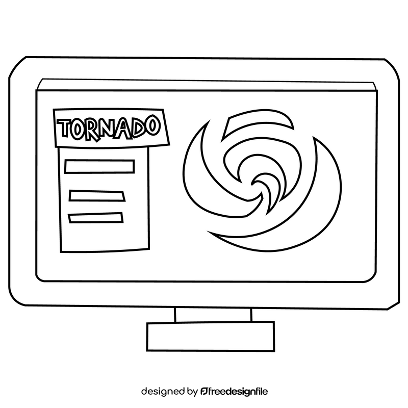 Cartoon tornado on computer monitor black and white clipart