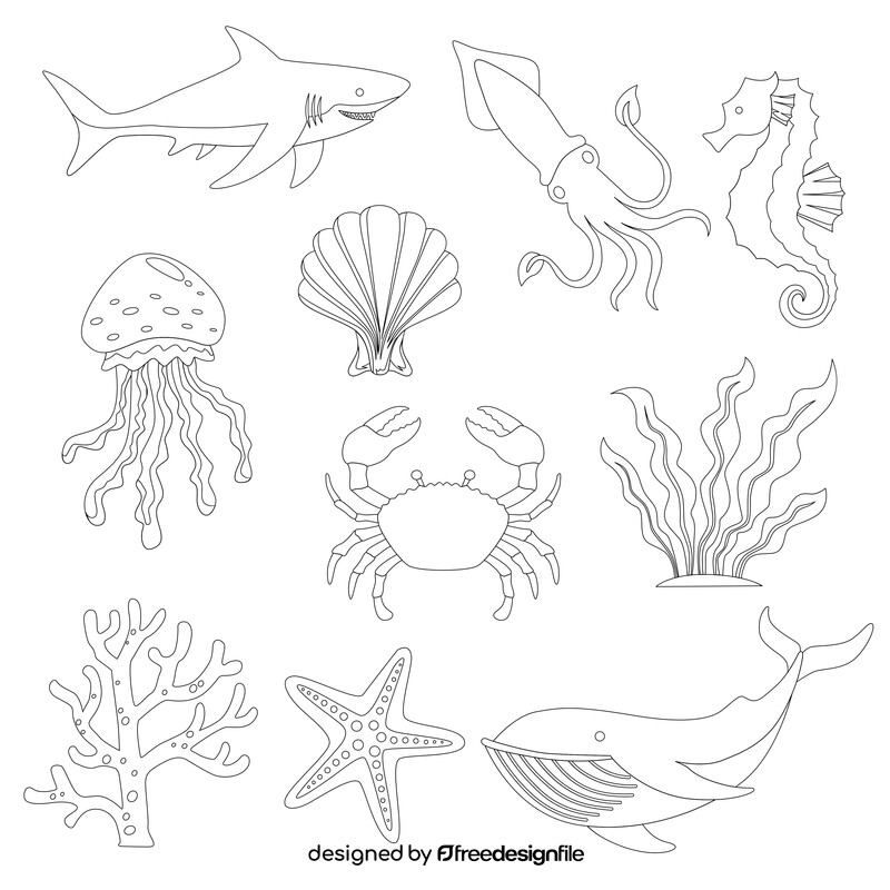Sea animals set black and white vector