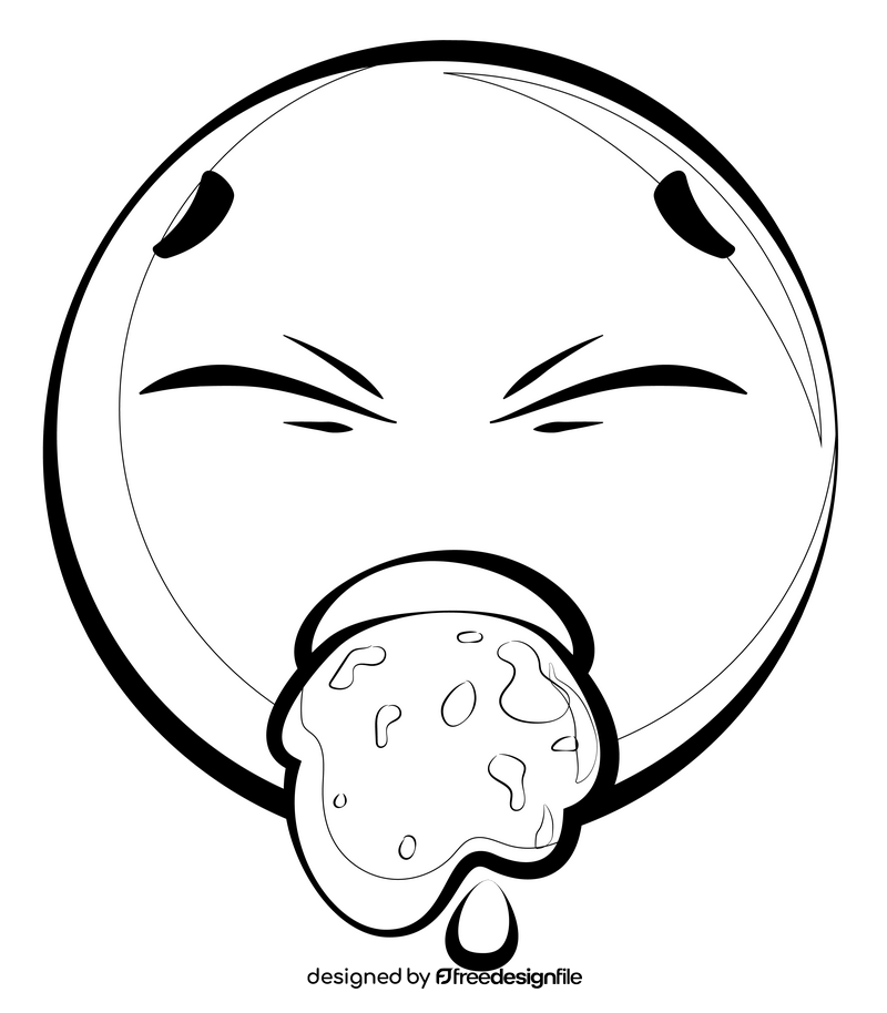 Puke, vomiting emoji, emoticon, smiley drawing black and white clipart