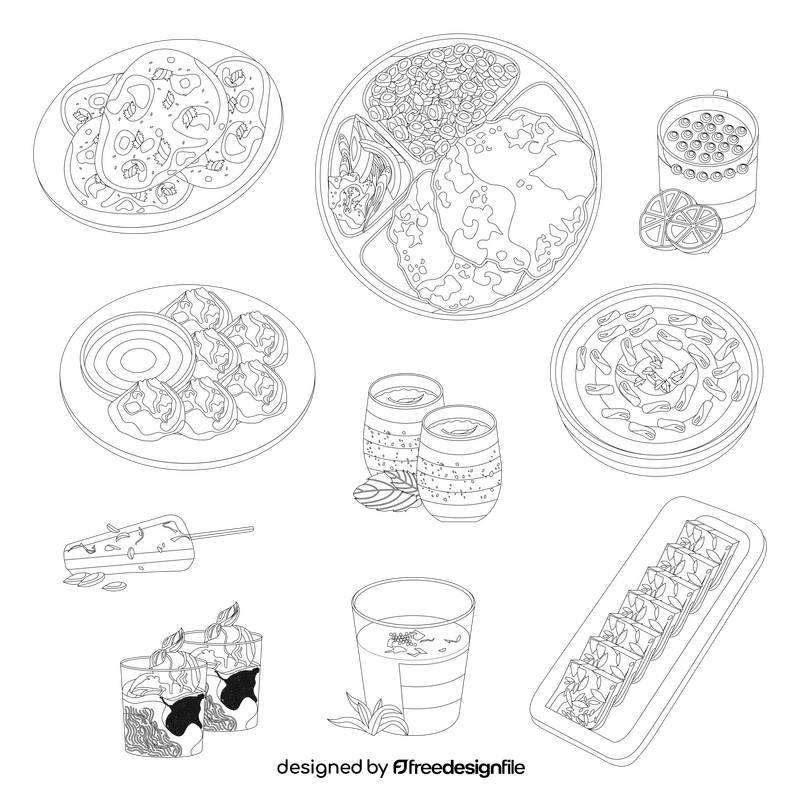 Indian food set black and white vector