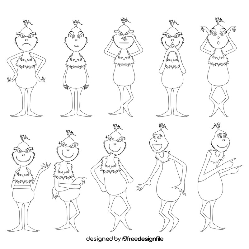 Grinch cartoon character set black and white vector