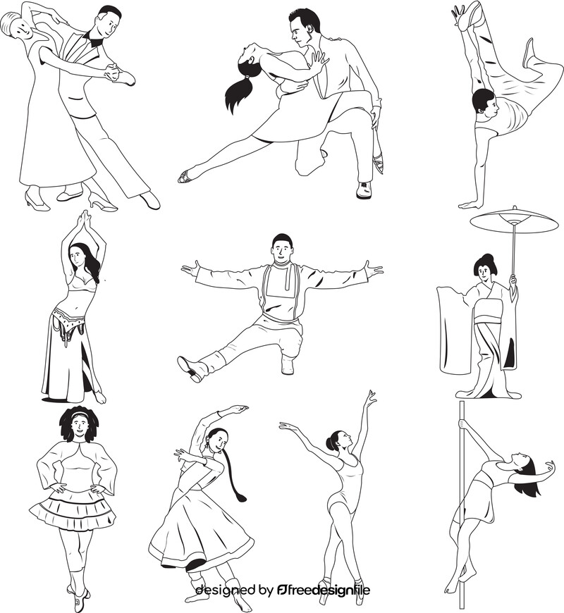 Types of dances set black and white vector