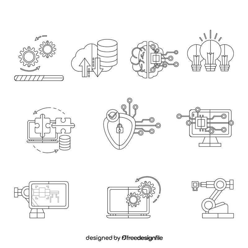 Cognitive cloud computing technology icons black and white vector