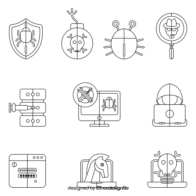 Malware icon set black and white vector