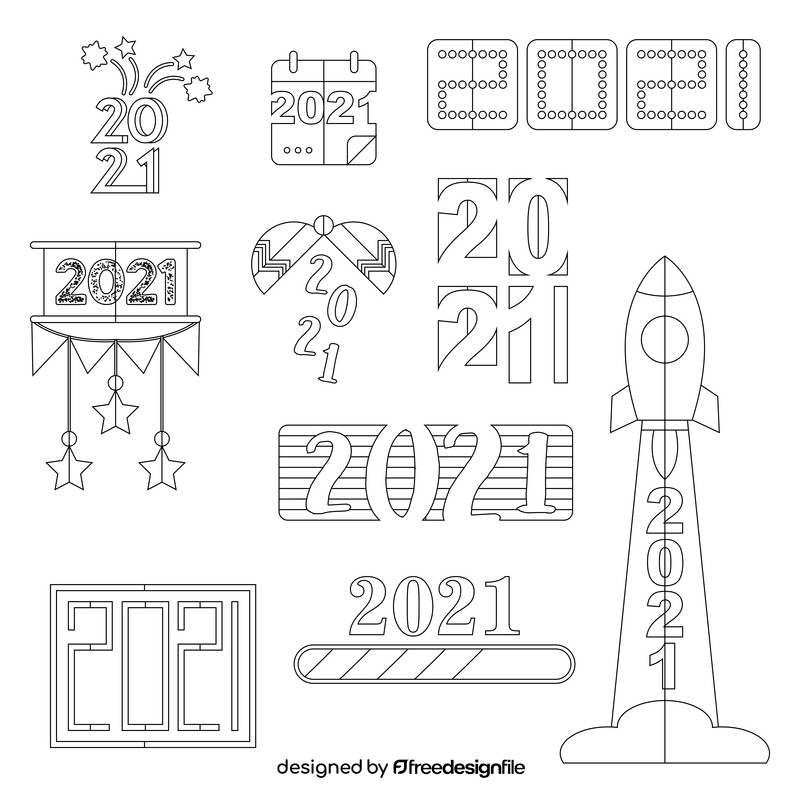 2021 New Year icons set black and white vector