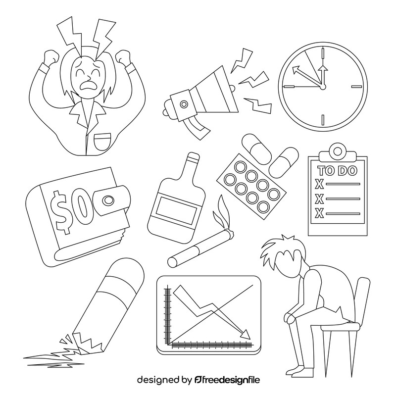 Stress cartoon images set black and white vector