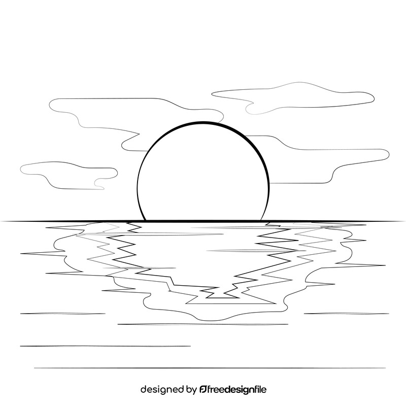 Ocean sunset scene drawing black and white vector