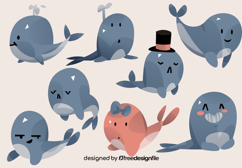 Whale cartoon set vector