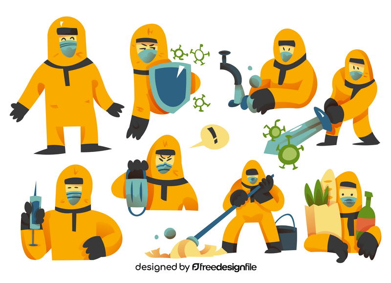 Disinfection worker cartoon set vector