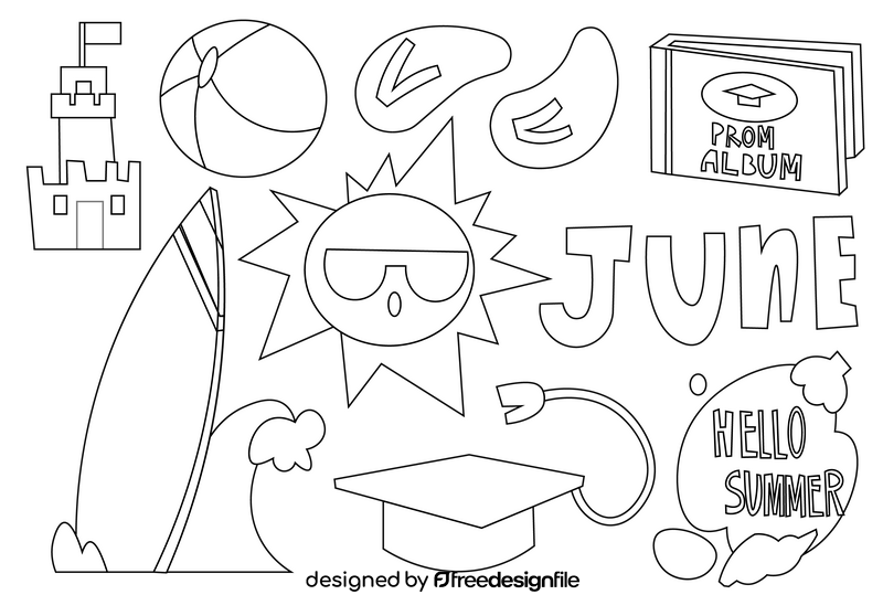 Summer set, june elements black and white vector