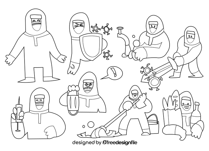 Disinfection worker cartoon set black and white vector