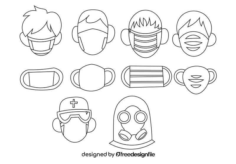 Face masks cartoon set black and white vector