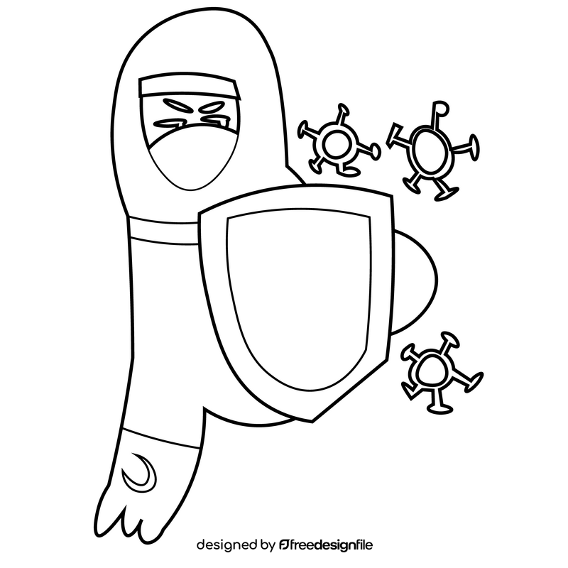 Cartoon disinfection worker with shield black and white clipart