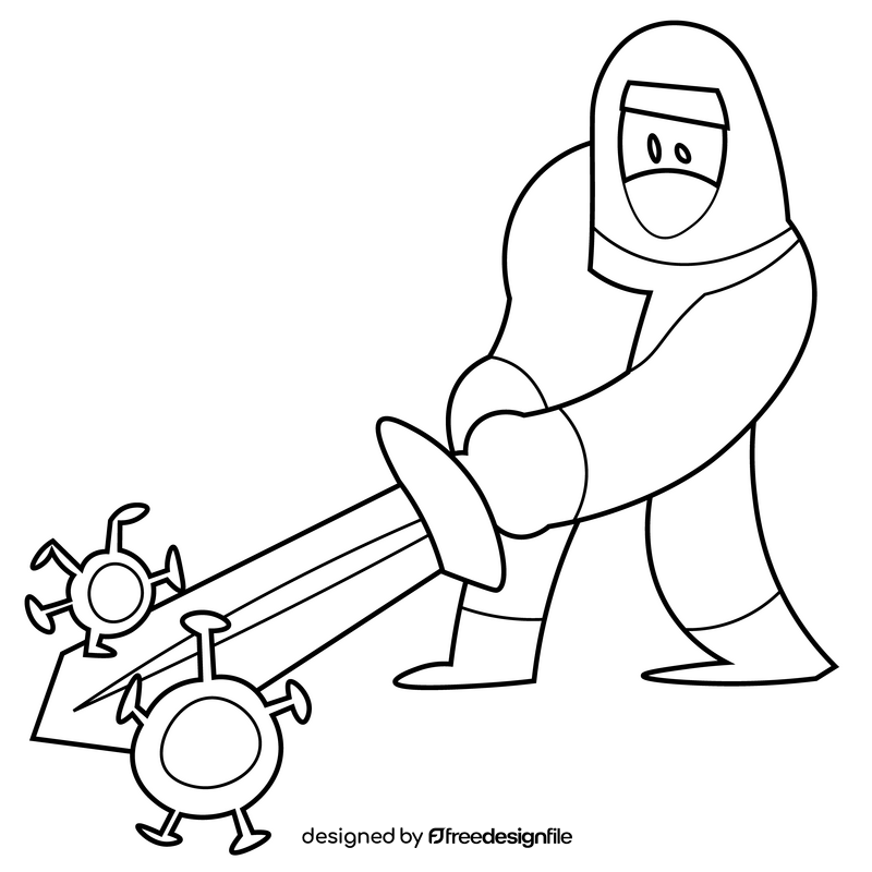 Disinfection worker with sword cartoon drawing black and white clipart