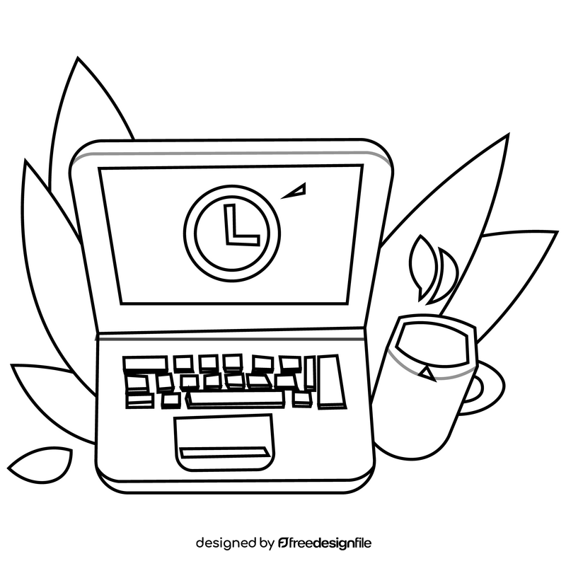 Work during isolation, remote work, laptop with coffee black and white clipart