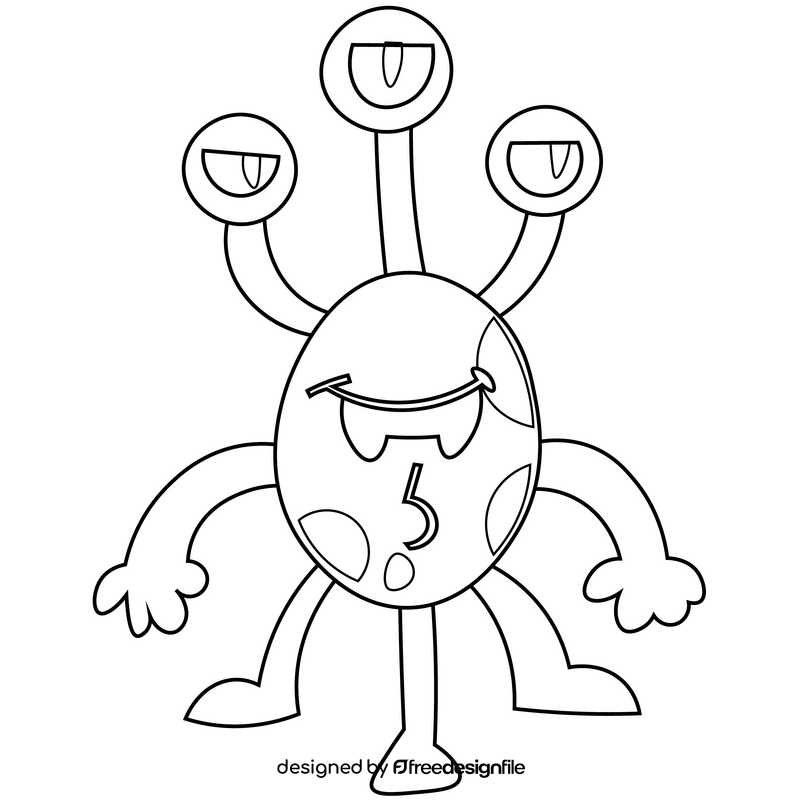 Pink alien with tree eyes black and white clipart