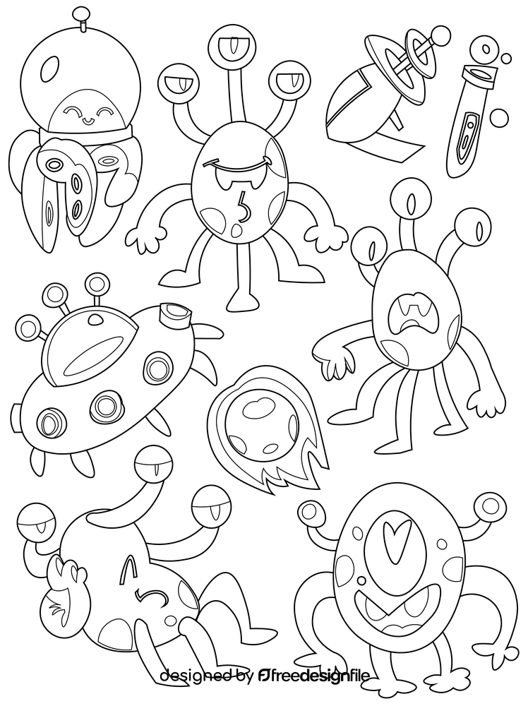 Set of aliens, monsters black and white vector