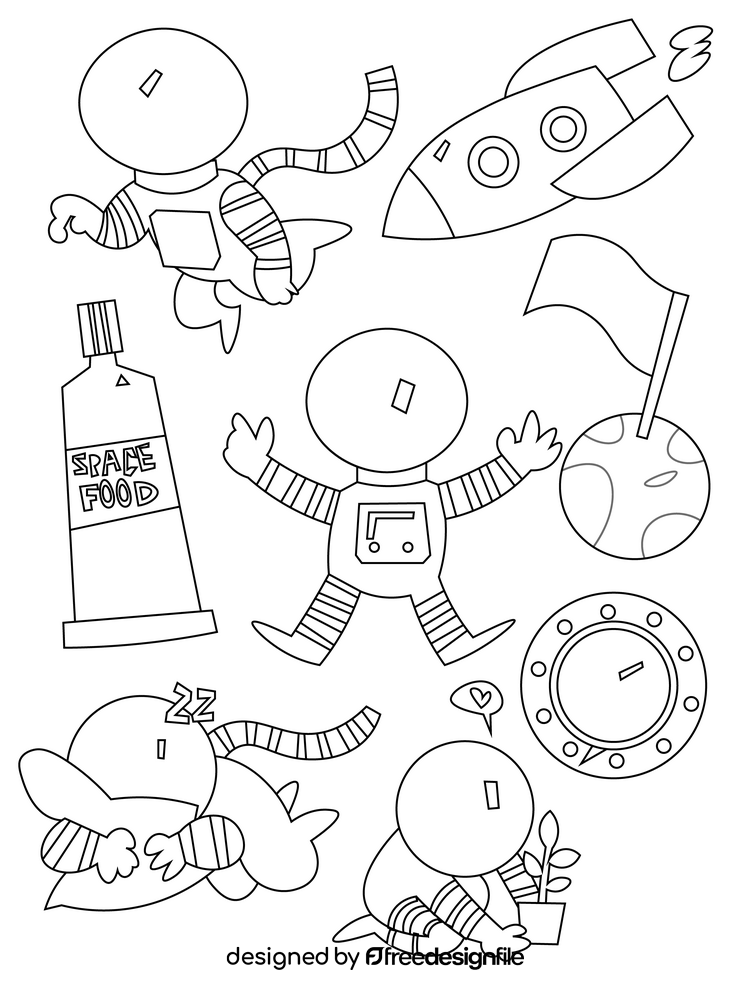 Set of astronaut, space black and white vector