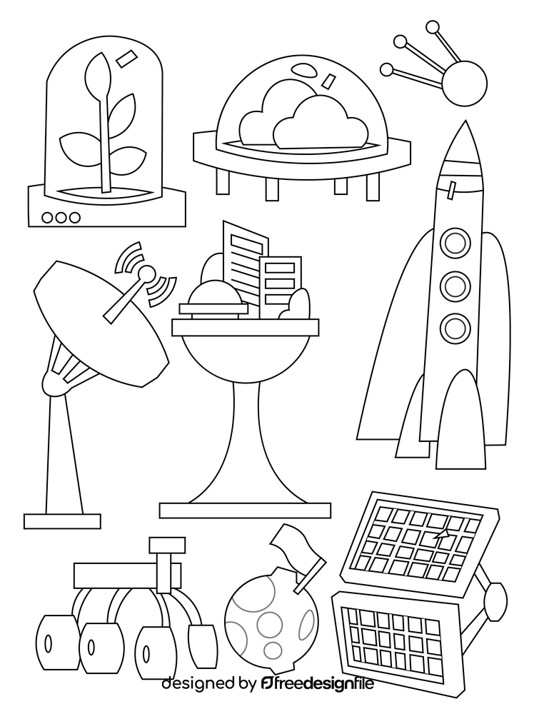 Space colony icons, colonization black and white vector