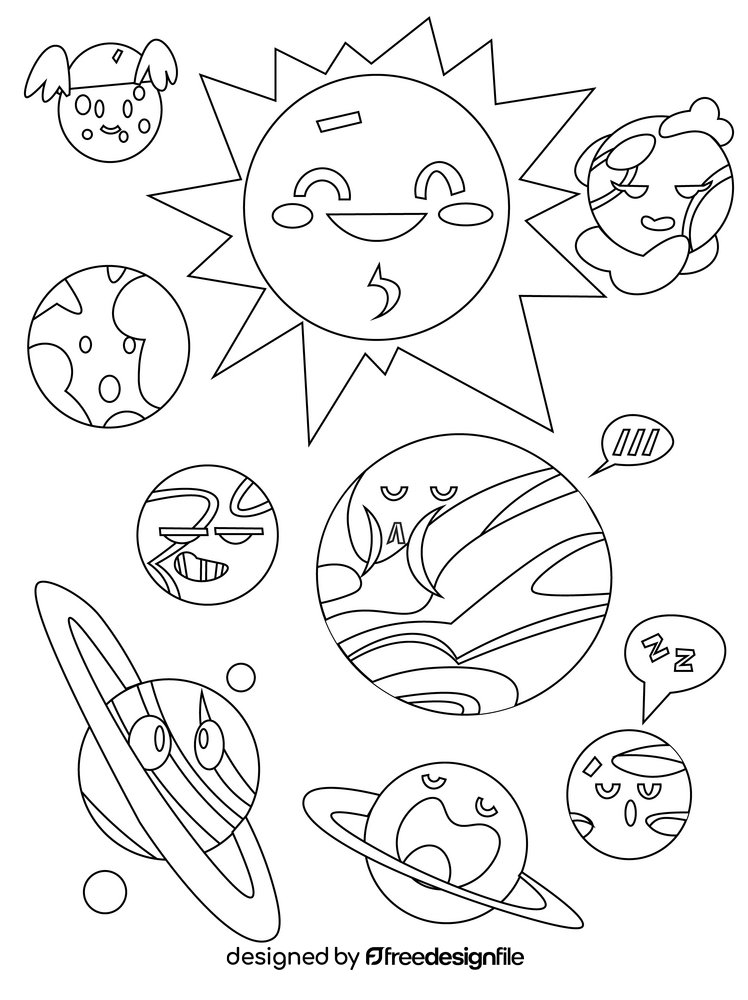 Cartoon solar system planets black and white vector