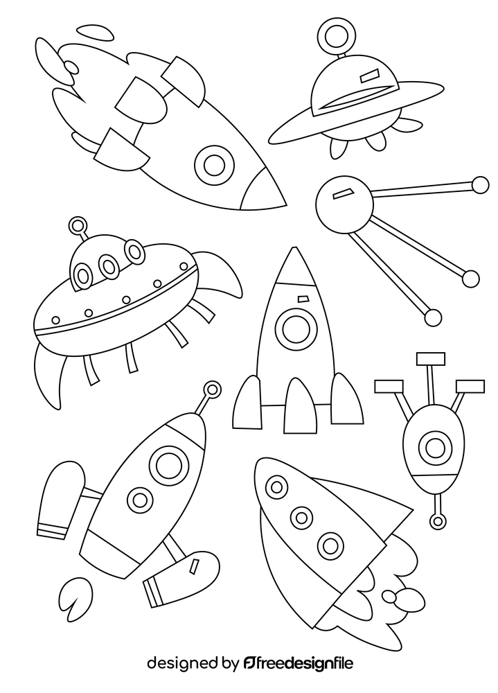 Set of spaceships, spacecrafts black and white vector
