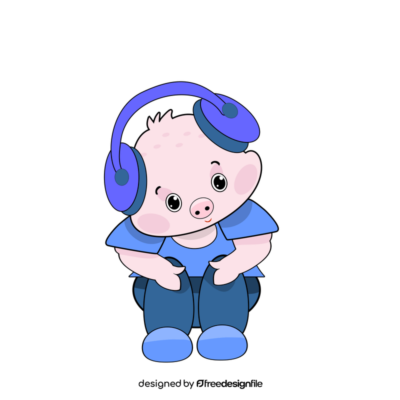 Cartoon pig listening to music clipart