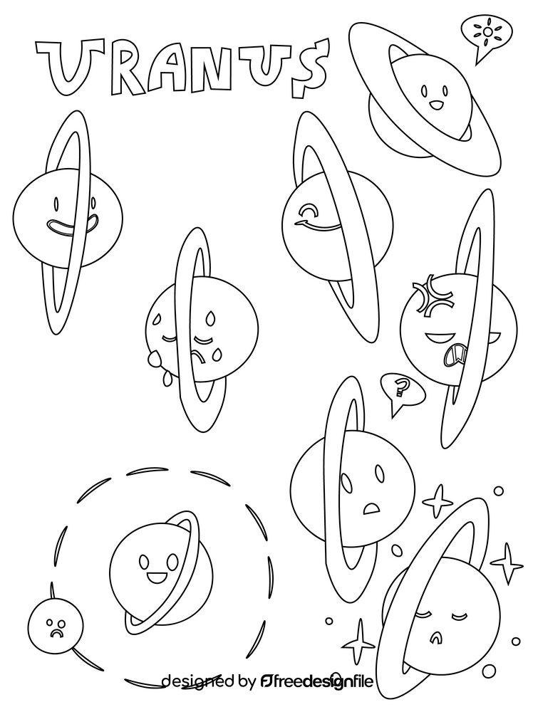 Set of planet emoticons, uranus emoji black and white vector