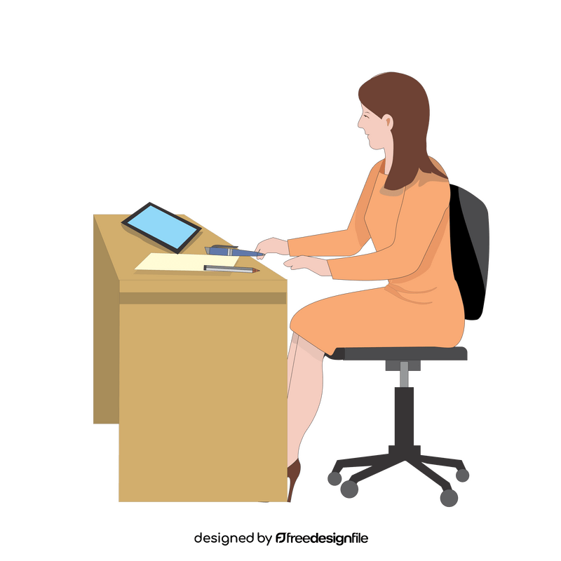 Woman at her desk working with a tablet clipart