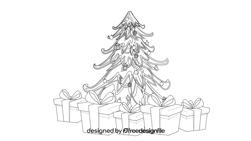 Decorated Christmas Tree with Gift Boxes black and white clipart