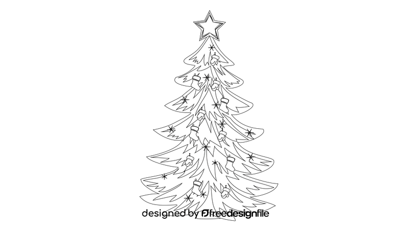 Decorated Christmas Tree with a Star on Top black and white clipart