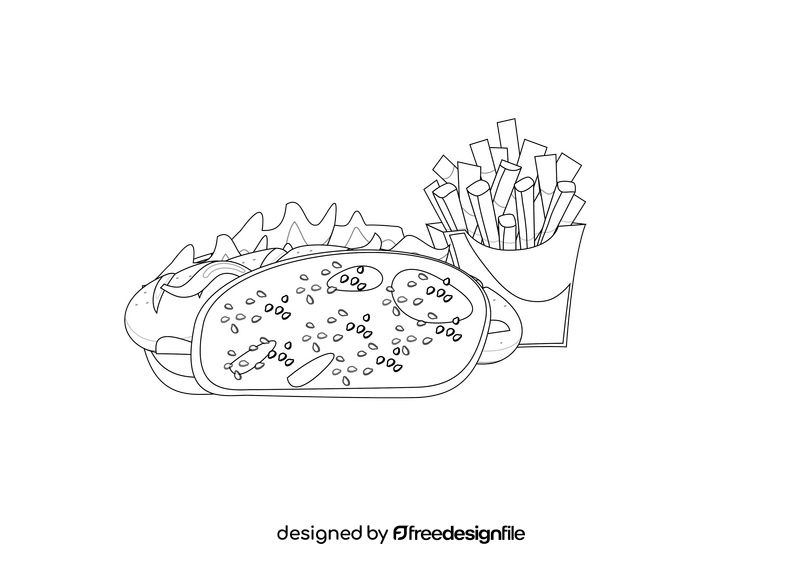 Hot Dog with Fries in the Box black and white clipart