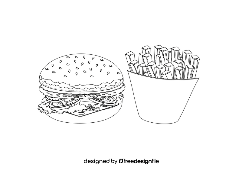 Hamburger and Fries in Paper Box black and white clipart