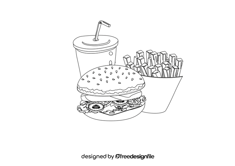 Hamburger Set with Soda and Fries black and white clipart