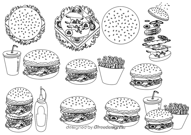 Hamburger, fast food black and white vector