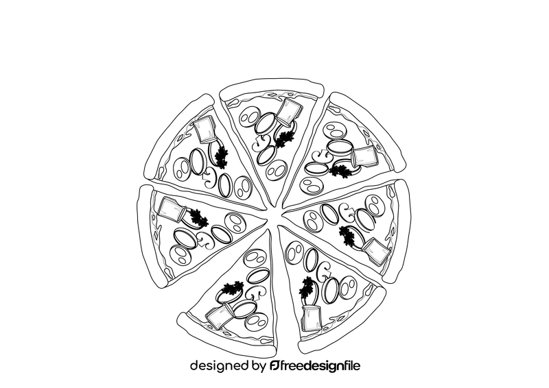 Combo Pizza Cut into Slices black and white clipart
