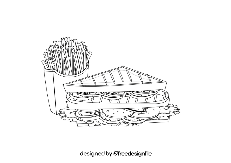 Sandwiches with Fries in Paper Box black and white clipart