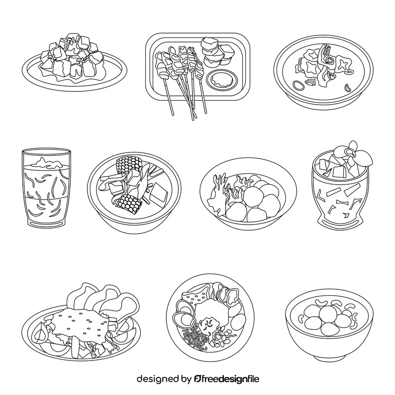 Indonesian food set black and white vector