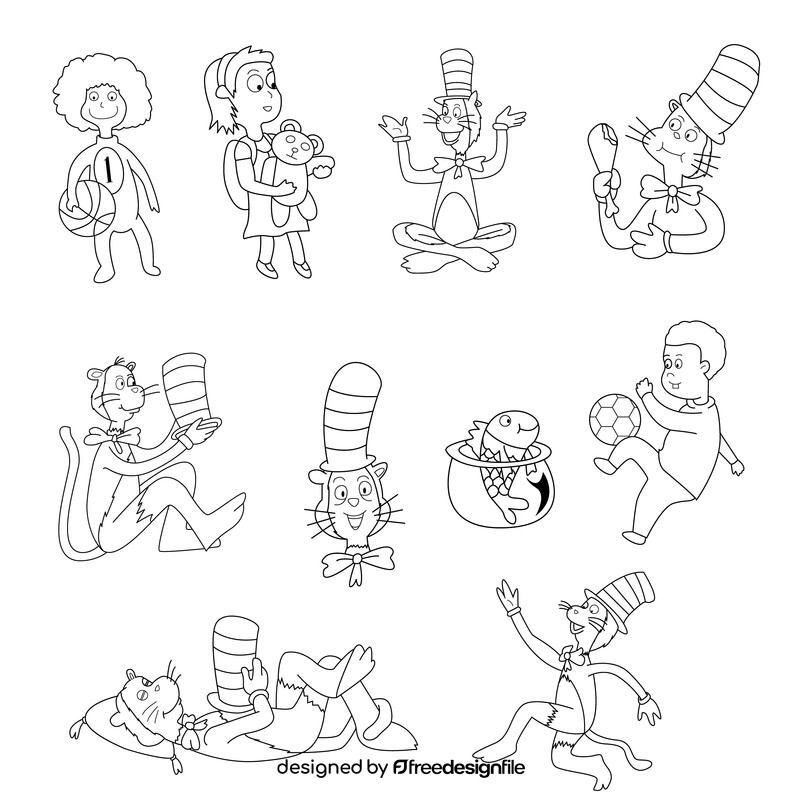 Dr. Seuss The Cat in the Hat set black and white vector