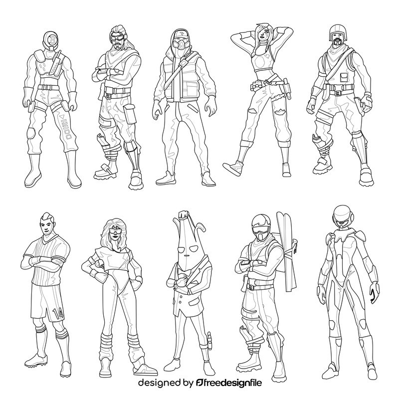 Fortnite characters set black and white vector