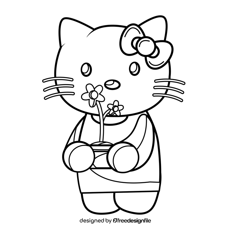 Hello Kitty with flowers drawing black and white clipart