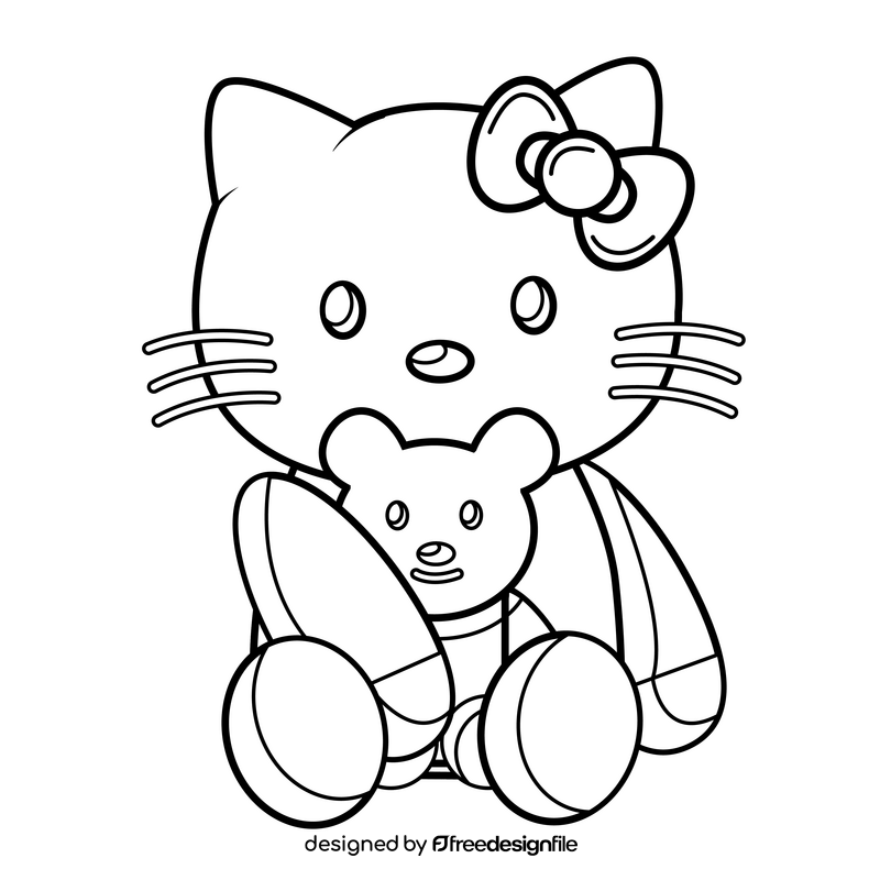 Hello Kitty with Teddy Bear black and white clipart