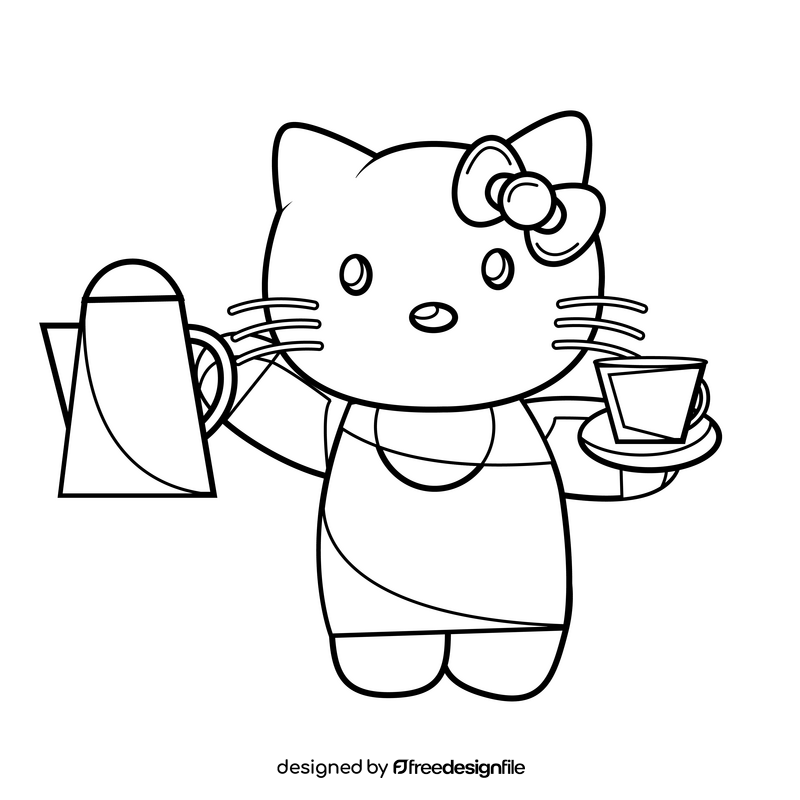 Cute Hello Kitty tea time black and white clipart