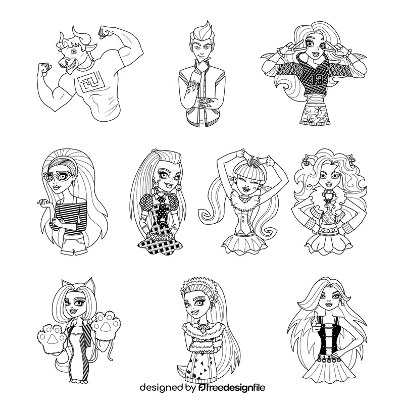 Monster High characters set black and white vector