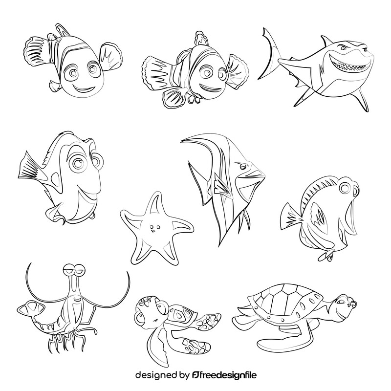 Finding Nemo cartoon characters set black and white vector free download