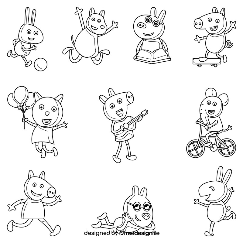 Peppa Pig characters clipart set black and white vector