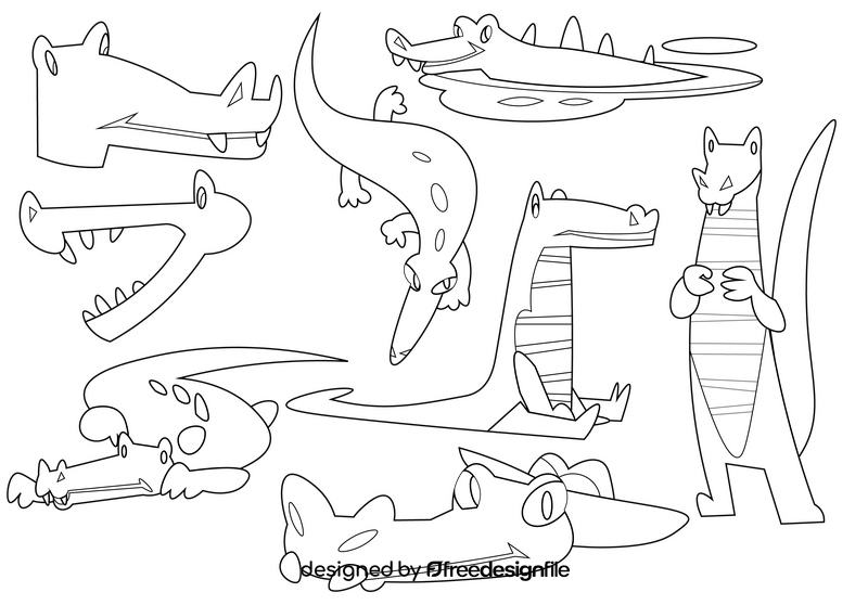 Alligator cartoon set black and white vector