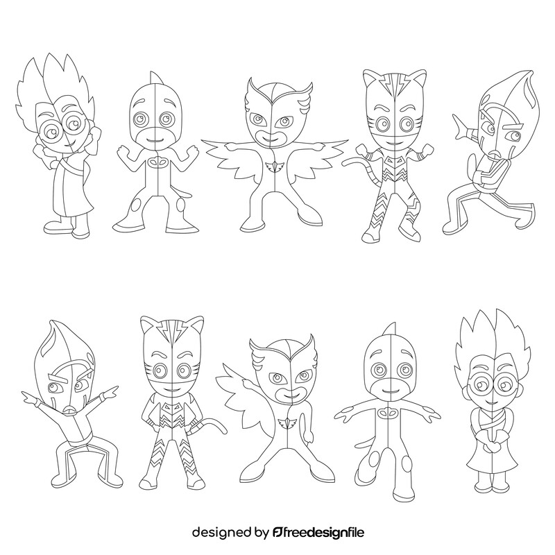 PJ Masks characters clipart set black and white vector