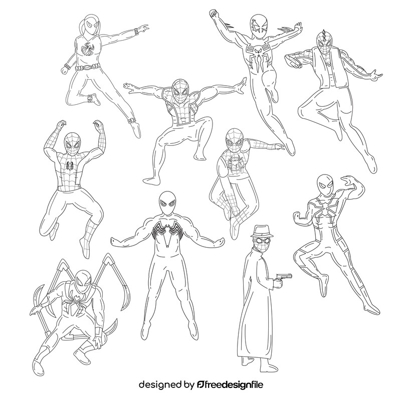 Spiderman character cartoon set black and white vector