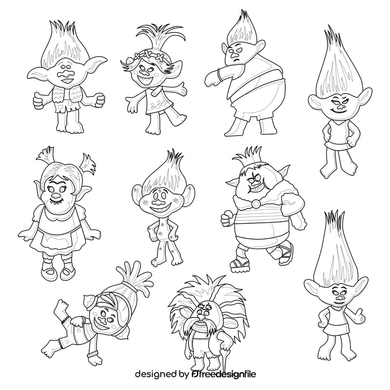 Trolls cartoon characters set black and white vector